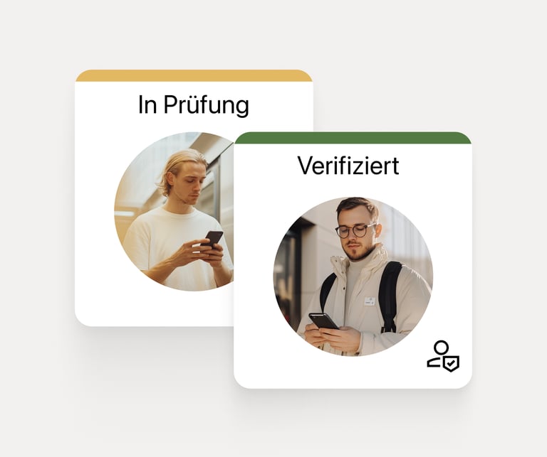 Zwei Benutzerkarten zeigen unterschiedliche Verifizierungsstufen: „Verifikation ausstehend“ und „Bestätigt“, jeweils mit den entsprechenden Benutzerbildern.