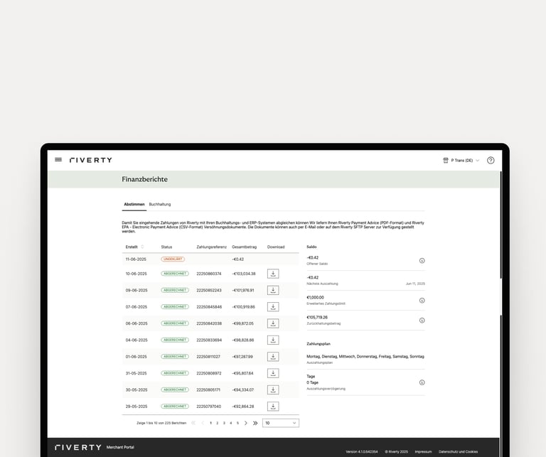 Riverty-Portal zeigt einen Finanzbericht mit Zahlungsdaten, -Status, Referenzen, Beträgen und Download-Symbolen.