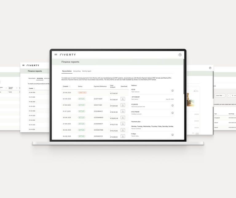 Merchant portal dashboard displaying financial transactions, balances, and downloads.