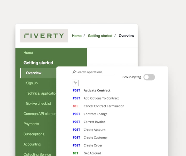 Riverty's 'Getting Started' page with an API operation list, search bar, and grouping toggle.